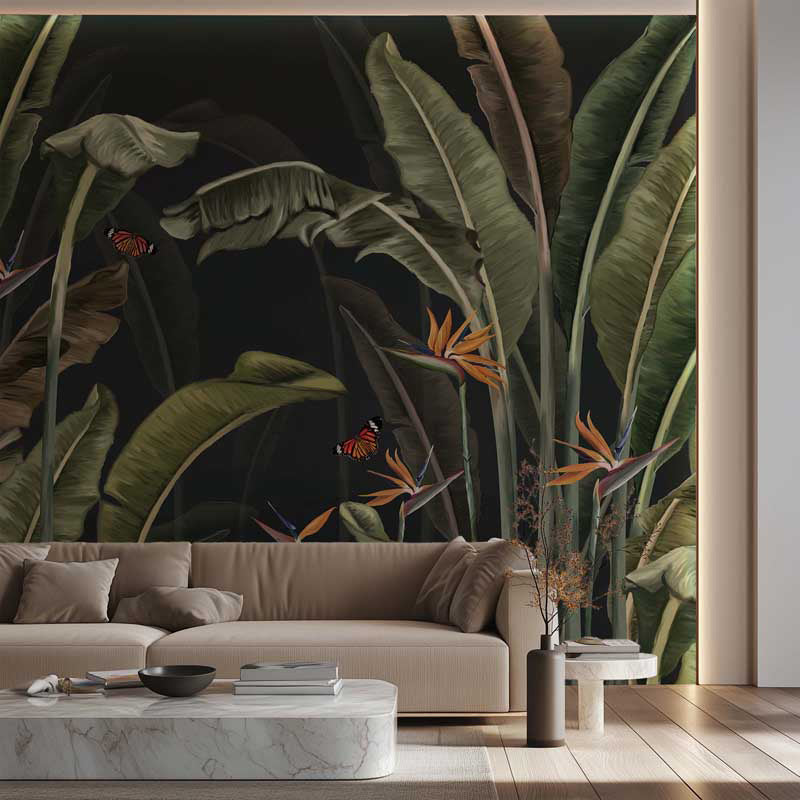 Living room with a beige sofa and a large tropical leaf wall mural.