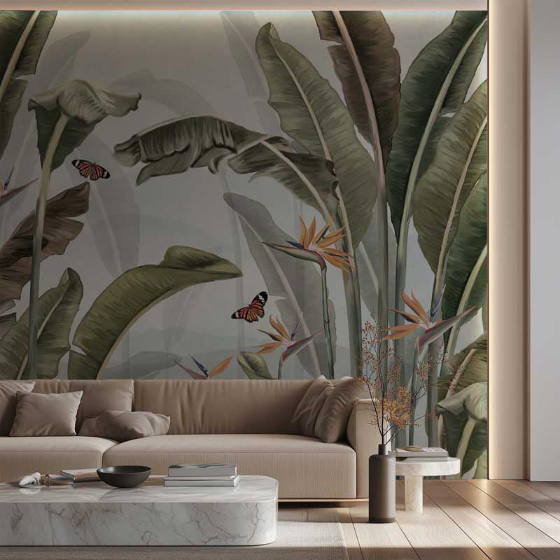 Living room with a tropical wall mural of leaves and birds of paradise.
