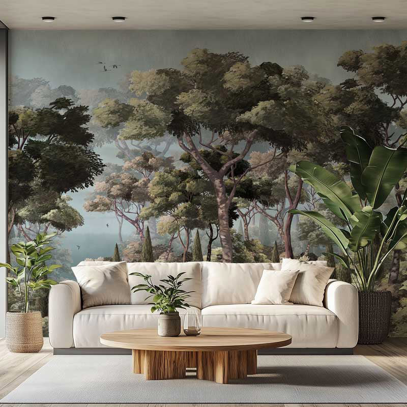 Living room with a forest mural, white sofa, wooden coffee table, and plants.