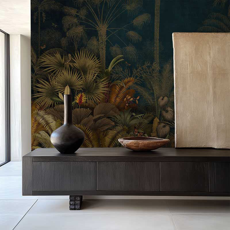 Modern interior with a wooden console table against a tropical wallpaper wall.