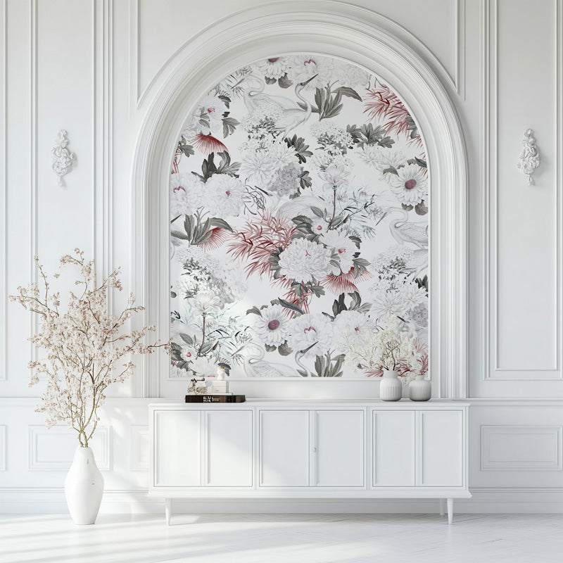 Floral wallpaper in an archway with a white cabinet below