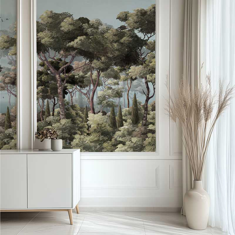 Room interior with a large forest mural on the wall, a vase with dried plants, and a white cabinet.