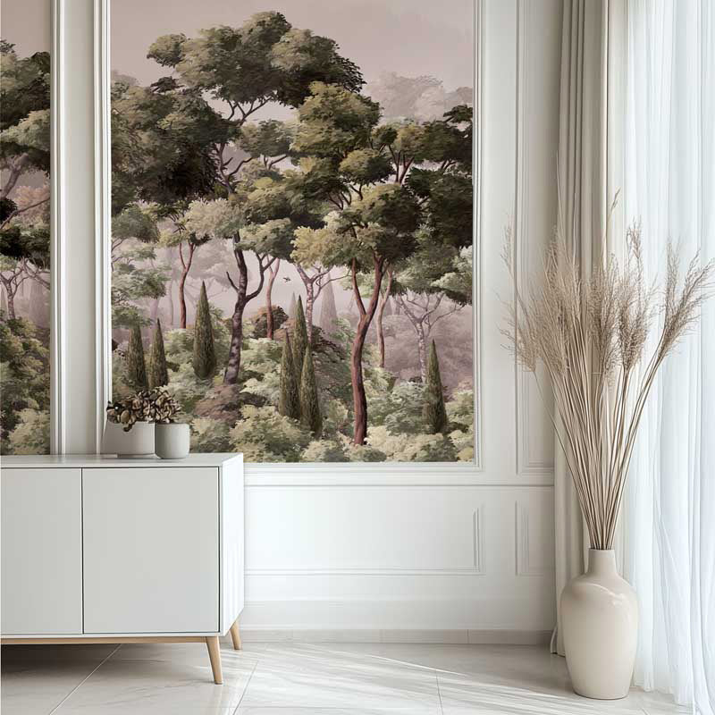 Forest wall mural on a wall with decorative elements in a room.