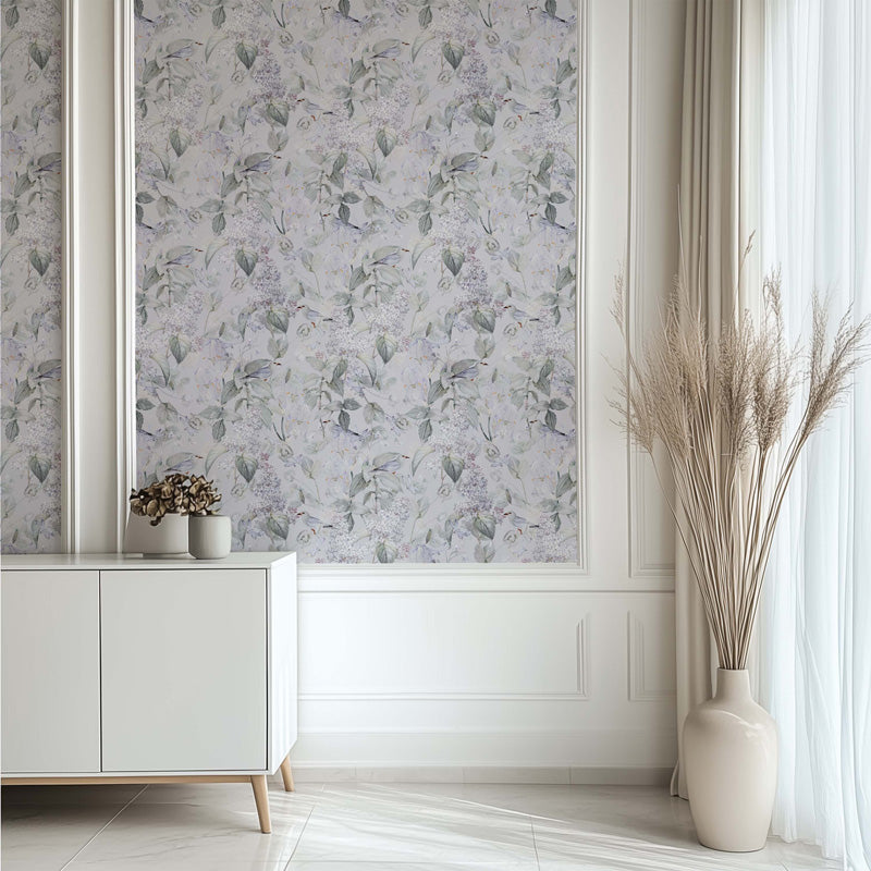 Modern interior with floral wallpaper, white cabinet, and decorative vase.