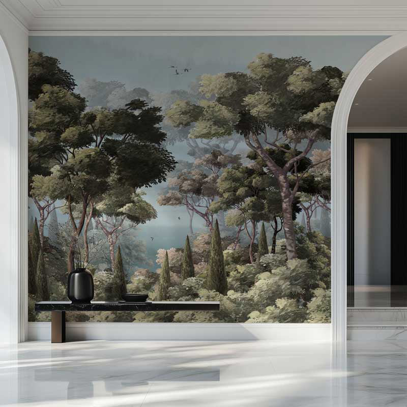 Forest wall mural in a modern interior setting.