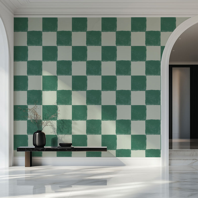 Green checkered wallpaper and white wall with a small table and decorative items in a modern interior setting.