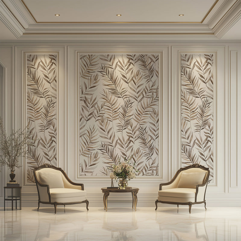 Elegant living room with soft botanical wallpaper panels and matching armchairs.