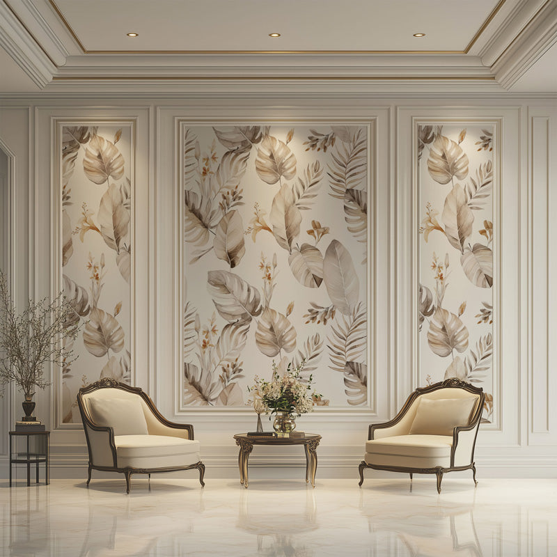 Floral wallpaper, two chairs, and a small table in a room.