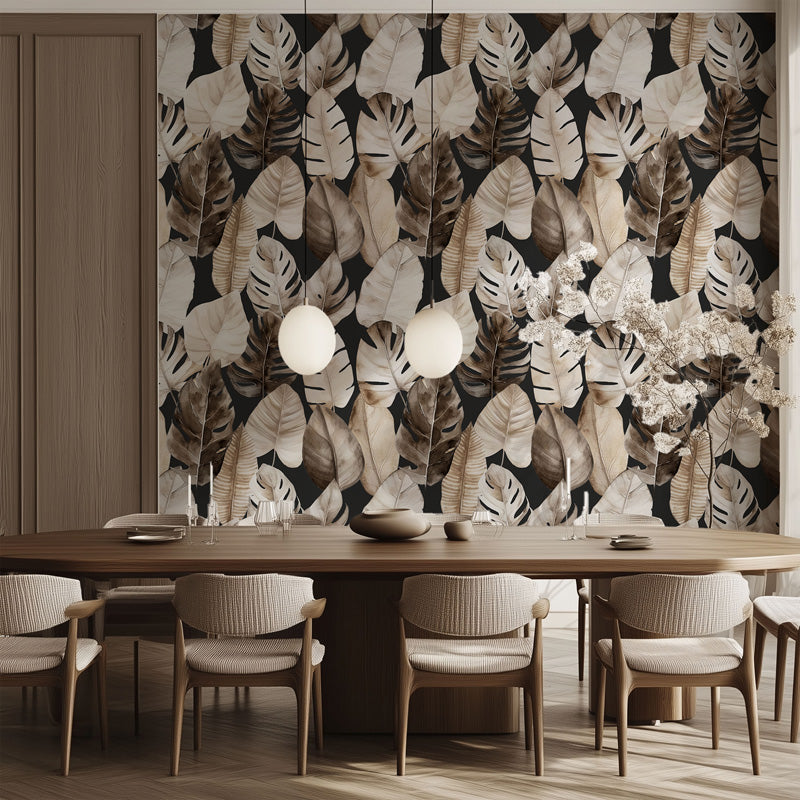 Dining room with a large leaf wall mural and wooden table.
