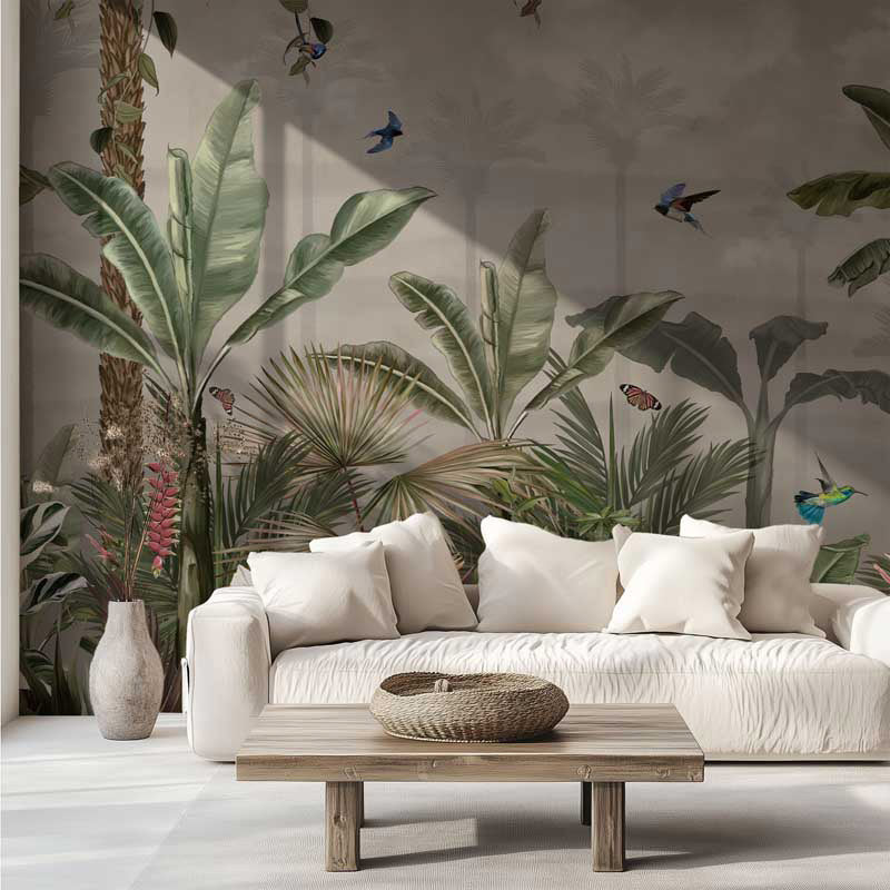 Modern living room with a white sofa, wooden coffee table, and tropical wall mural.