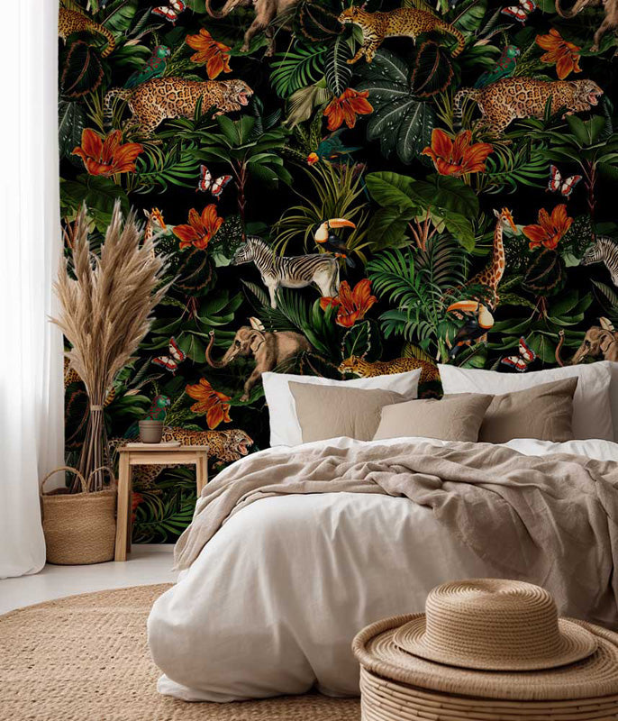 Bedroom with a jungle wall mural featuring animals and plants.