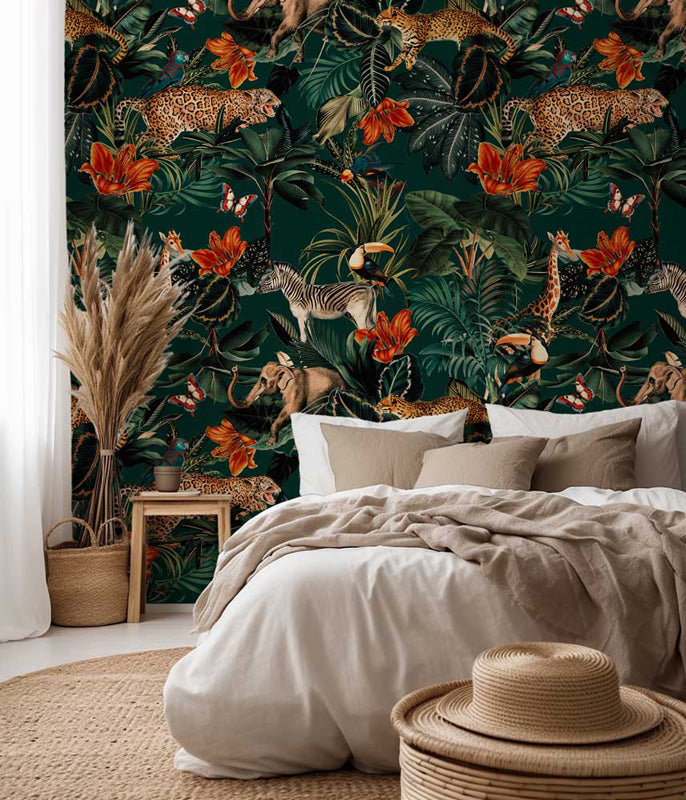 Bedroom with jungle wallpaper featuring animals and plants.