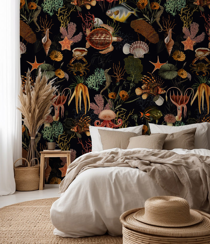 Coral Cabinet – Sea Creatures Wallpaper in Dark Tones