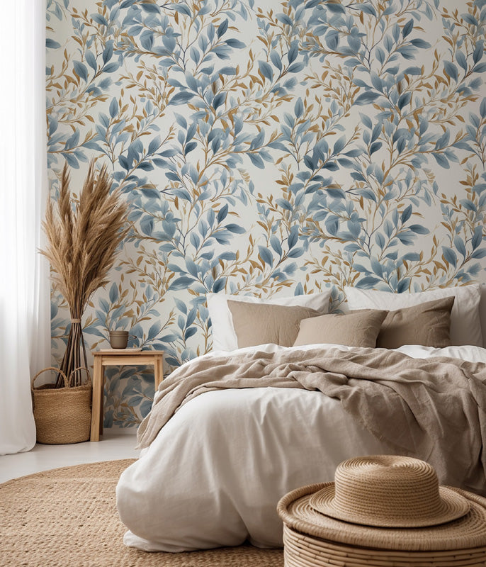 Bedroom with floral wallpaper, bed, and decorative items