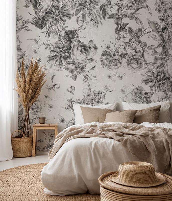 Bedroom with floral wallpaper, bed, and decorative items