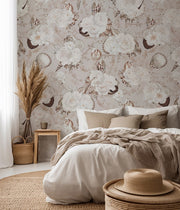 Beach-themed bedroom with floral wallpaper, bed, and decorative items.