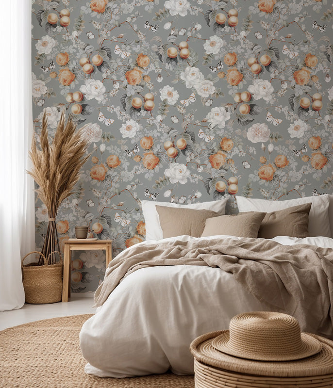 Vintage Orchard – Floral Wallpaper in Soft Grey