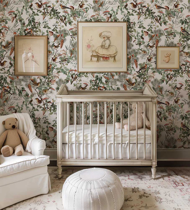 Nursery room with floral wallpaper, crib, and decorative elements.