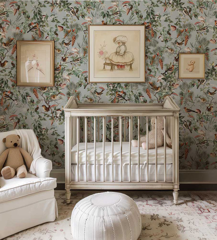 Nursery room with floral wallpaper, crib, and armchair.